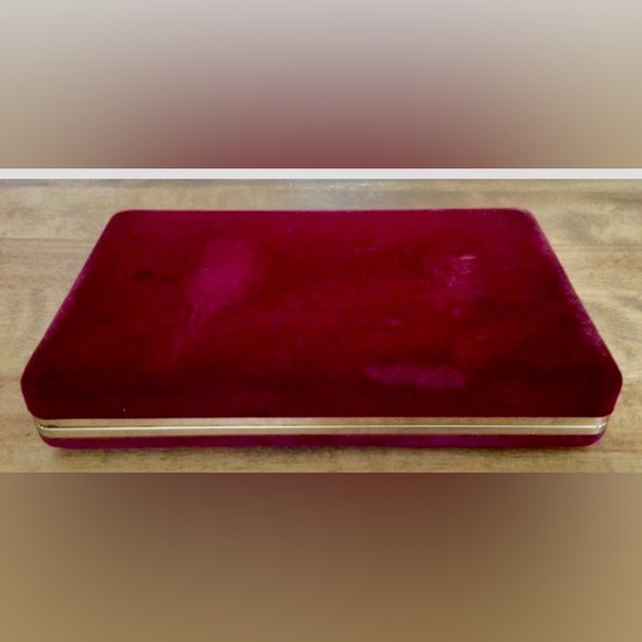 None Other - Red Velour Vintage Jewelry Storage Box w/ Gold Trim: Inner Mirror, 24 Compmts.